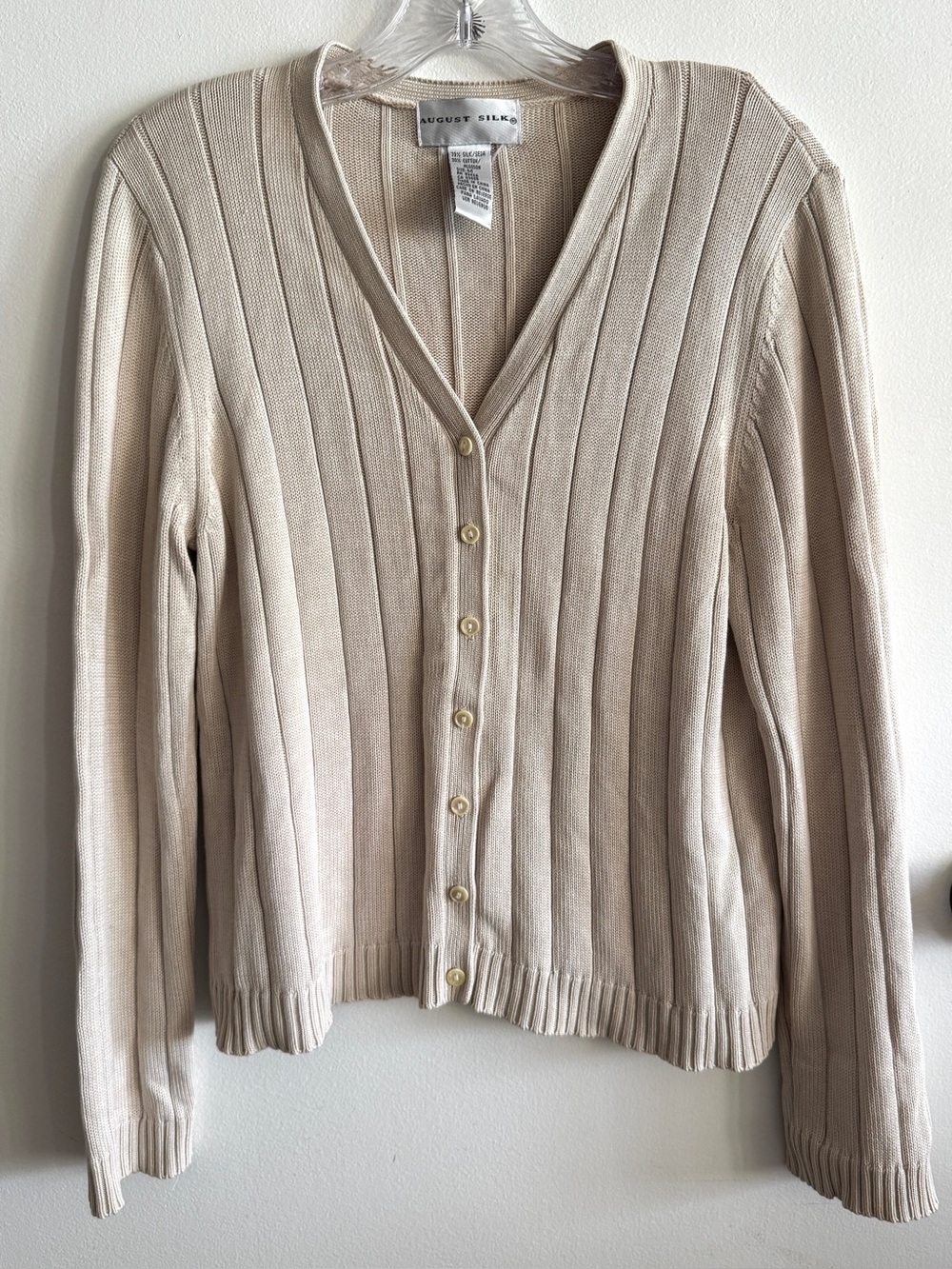 August Silk Ribbed V-Neck Cardigan Tan M Fall Minimalist 90’s Preppy Academia